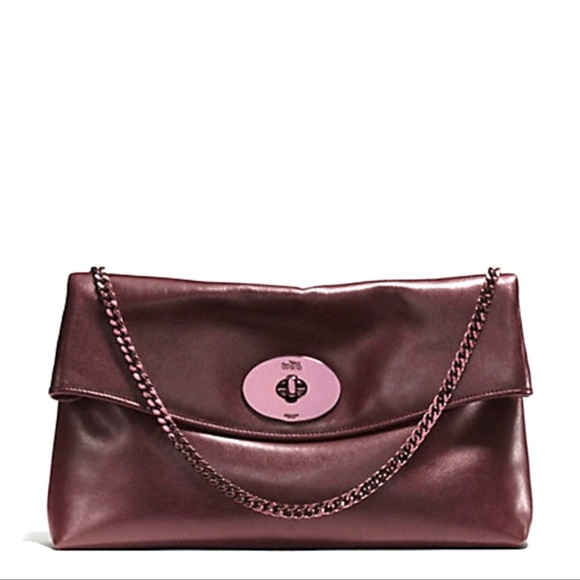 Coach Handbags - COACH Oxblood Smooth Leather Large Turnlock Clutch NWT